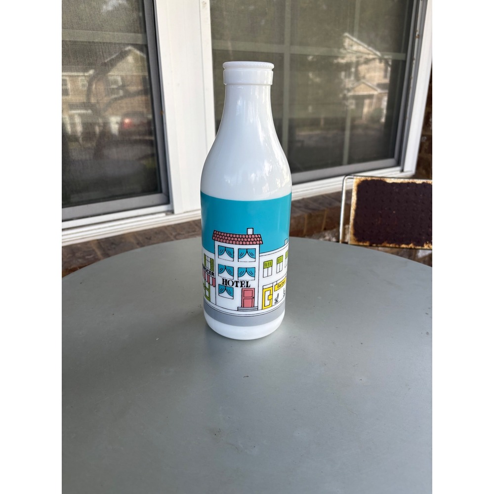Vintage Carlton Glass Milk Glass Bottle Town Scene Storefront Graphic White